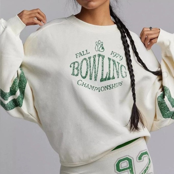 BDG Tops - BDG Urban Outfitters Tasha Bowling Graphic Crewneck Varsity Pullover Ivory Green